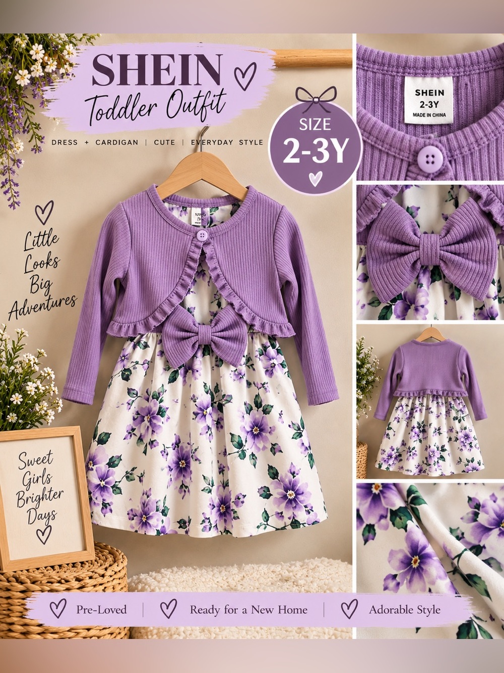 SHEIN Girls 2-3Y Lavender Floral Dress & Ribbed Cardigan 2-Piece Outfit